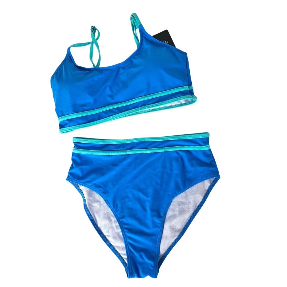 Womens High Waisted Swimsuit Med Blue & Green Striped Bikini Beach Vacation